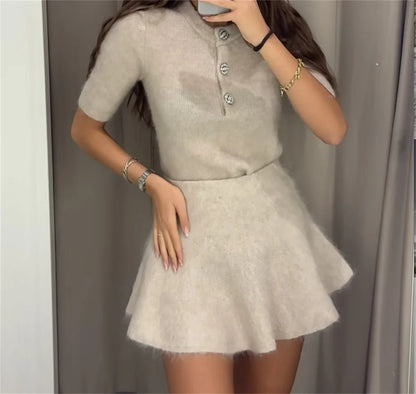 eybag Elegant Knitted Mini Skirt Suit Fashion Solid Two Piece Set For Women O Neck Short Sleeve Top High Waist Skirts Lady Autumn Sets