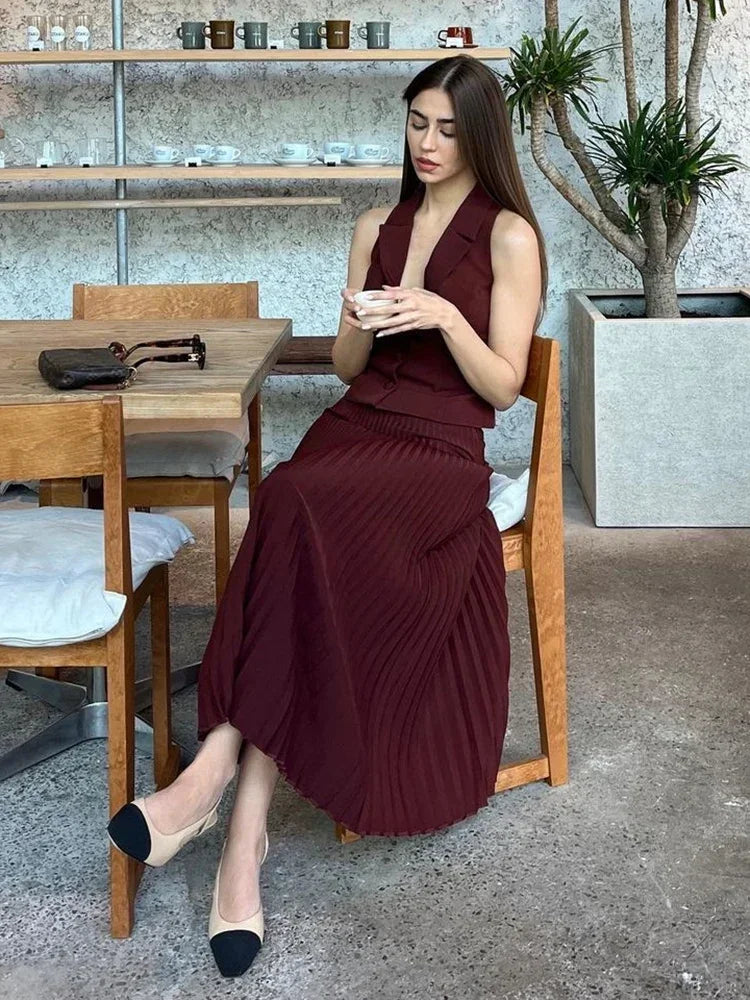 eybag Folds Long Skirt Two Pieces Set Women's Notched Sleeveless Short Vest Top High Waist Solid Maxi Skirt Fashion Sets 2024