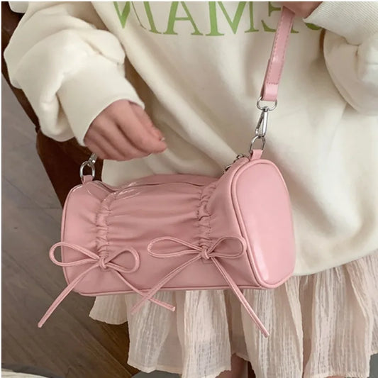 eybag Pleated Pink Women Shoulder Bag Bow Pillow Leather Sweet Elegant Fashion Handbag Gentle Casual Exquisite Ladies Armpit Bag