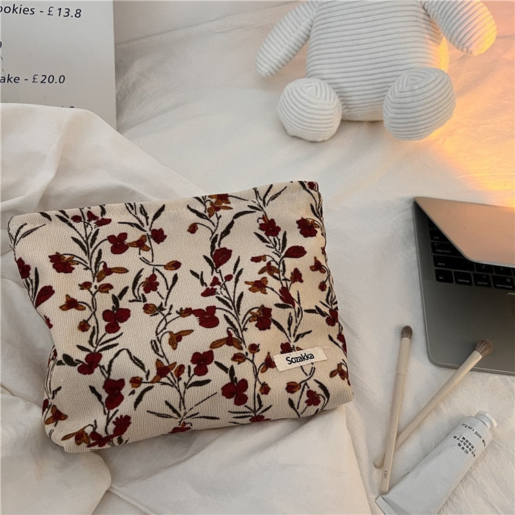 Lkblock Corduroy Make Up Organizer Clutch Bag Retro Flower Print Cosmetic Bag Wash Bag Women Travel Cosmetic Pouch Beauty Storage Cases