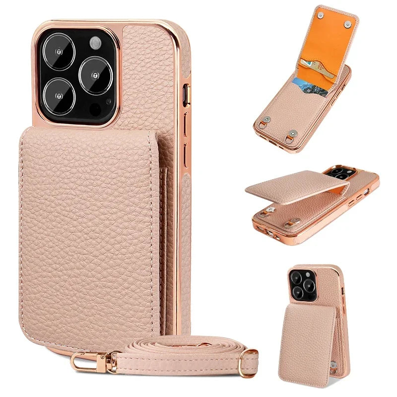 eybag Multi Card Wallet Leather Bracket Phone Case For iPhone 15 14 13 Pro Max Crossbody Lanyard Strap Holder Cover For IPhone 14 Plus