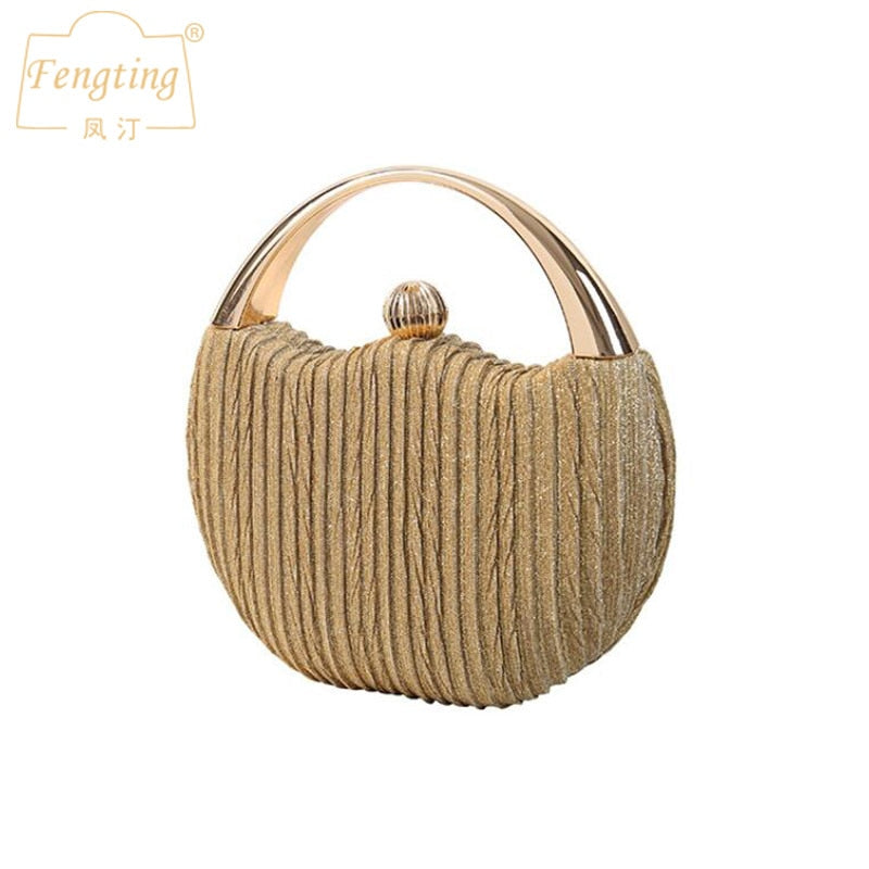 eybag Round Pleated Clutches Luxury Handbags For Women Elegant  Wedding Shoulder Bag Gold Party Evening Bags silver small Purse