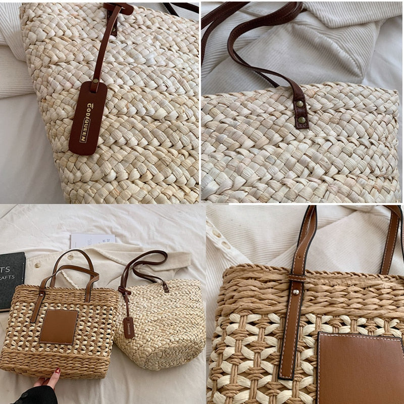 eybag 2023 Summer Straw Beach Basket Bag Fashion Women Rattan Shoulder Bag Large Capacity Woven Hand-made Handbag Female Purse Totes