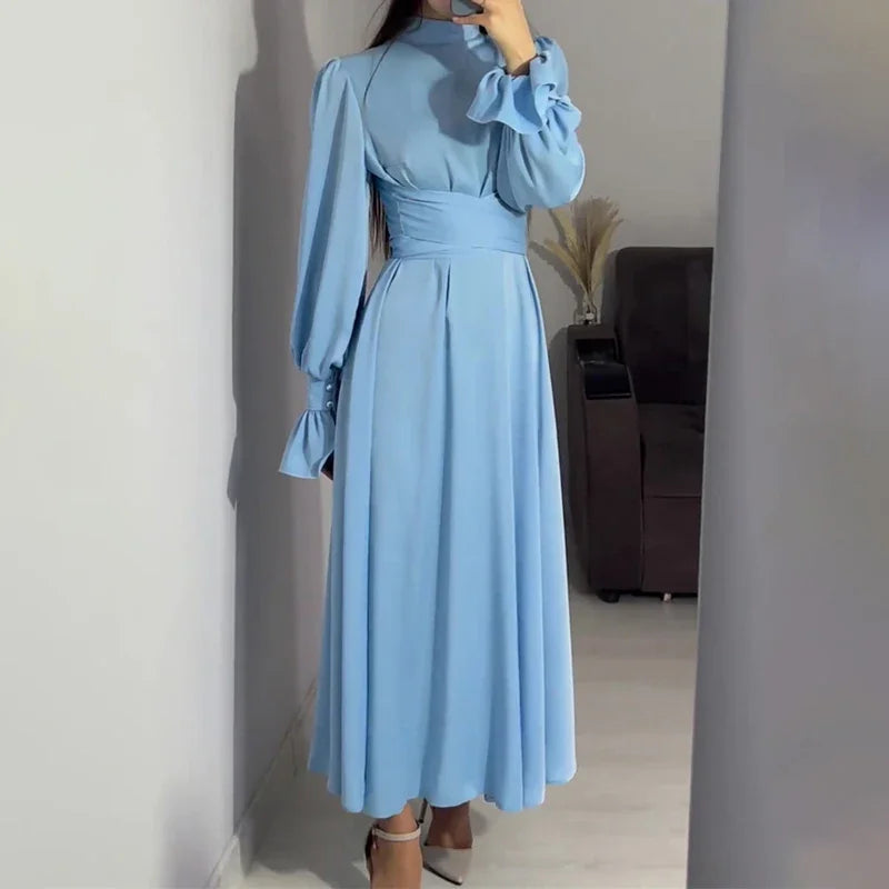 eybag Elegant Ruffled Long Sleeve Long Dress Women's Fashion Bandage Evening Dress Retro Slim Lace Up Solid Color Long Dress