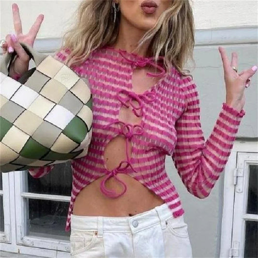 eybag Sexy See-through Striped Cardigan Sweater Knitted Pullover  Strapy Lace Up Knitwears Long Sleeve Top Y2K Women Jerseys Outerwear