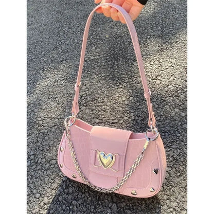 eybag Heart applique chain contrast zip-up handbag