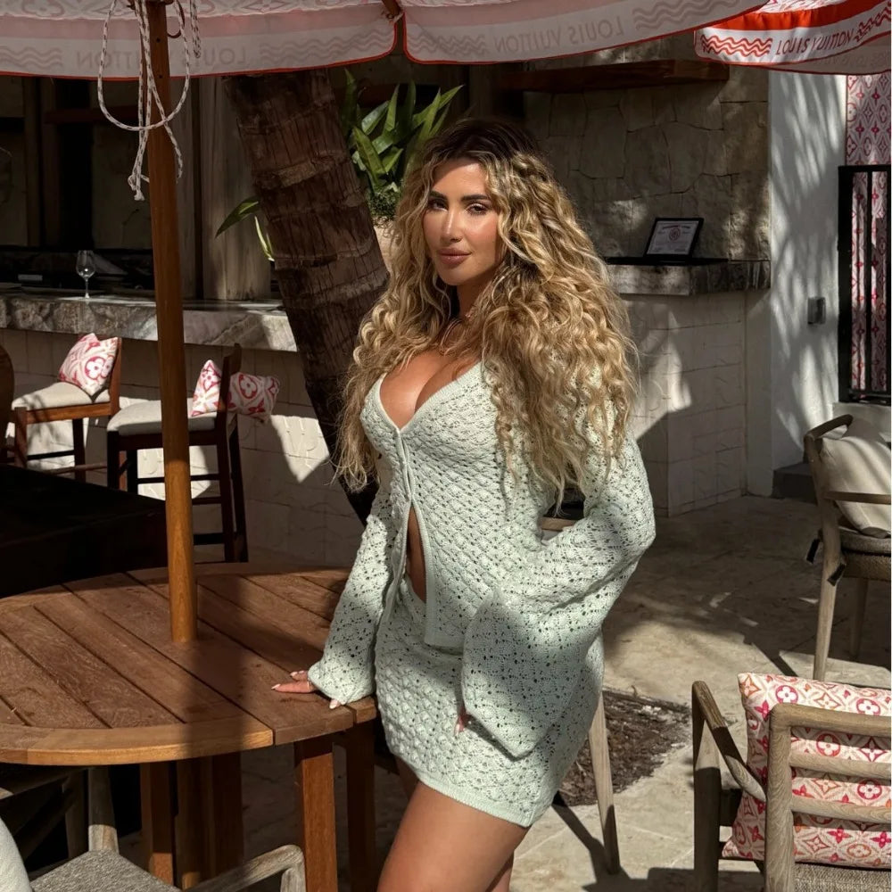 eybag White Knitted Beach Skirt Sets Women Sexy Hollow Out Slim Bohemian Outfits Long Sleeve Holiday Two Piece Set 2024 Beachwear