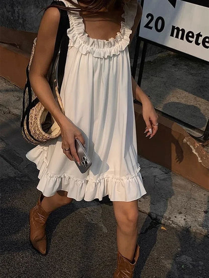 eybag Women Casual Sleeveless Ruffles Mini Dress White Boho Beach Sundress Cute Girl Home Dresses Loose Summer Dress Oversized