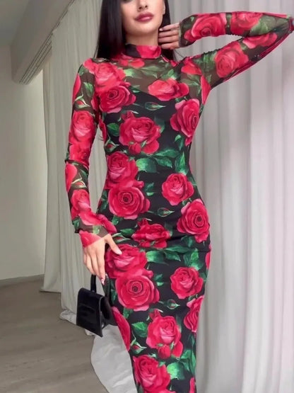 eybag 2024 Autumn Red Flowers Printed Mid-calf Dresses for Women Elegant Vintage High Waist Bodycon Long Sleeve Evening Party Dress