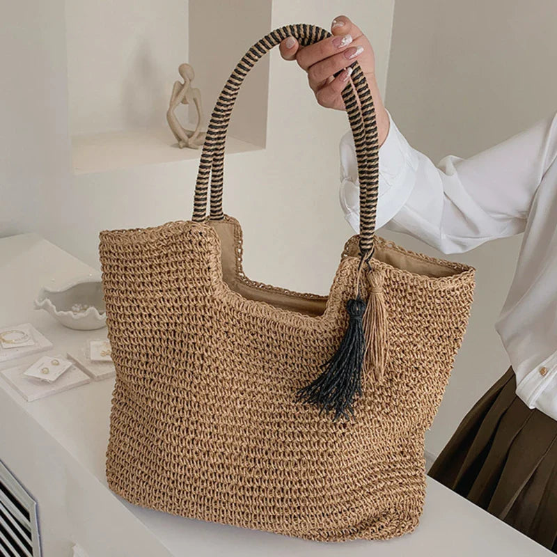 eybag Fashion Straw Weave Tassel Women Shoulder Bags New Female Handbags Large Capacity Summer Beach Straw Bags Casual Tote Purses