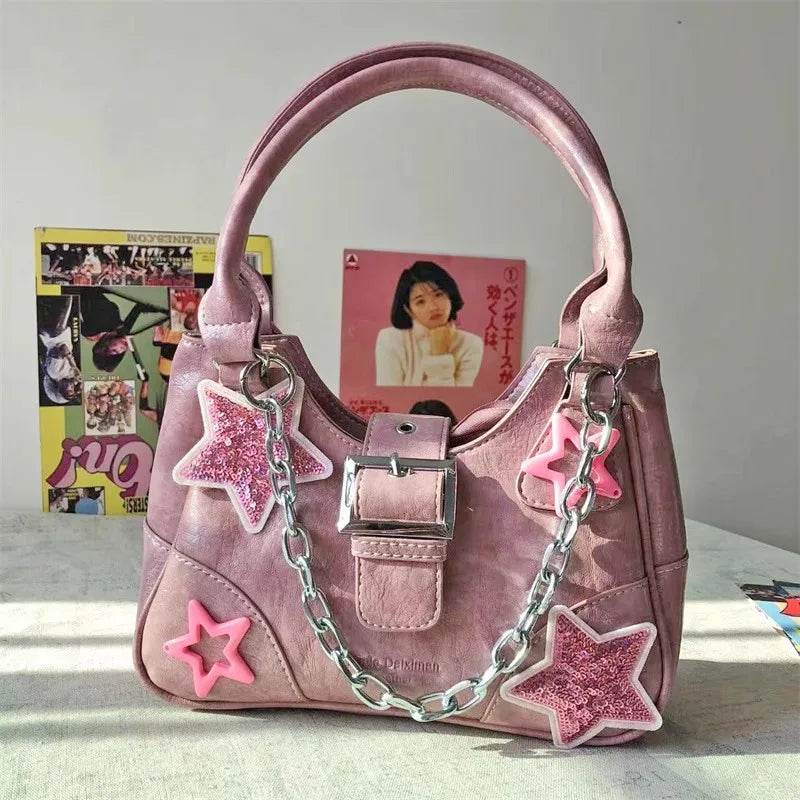 eybag Y2k Pink Shoulder Bag Women'S Star Pattern Pu Leather Underarm Harajuku Tote Chain Cross Body Handbag Cool Hiphop Zip Purses