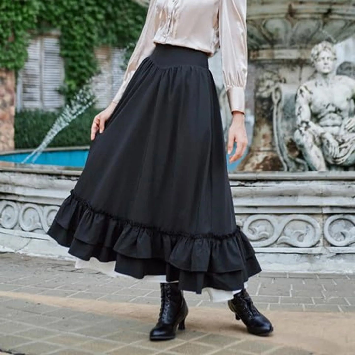 eybag Retro Medieval Skirts Women Vintage Renaissance Victorian Ruffled Hem A-Line Skirts Cosplay Costumes High Waist Maxi Skirt