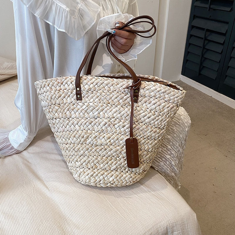 eybag 2023 Summer Straw Beach Basket Bag Fashion Women Rattan Shoulder Bag Large Capacity Woven Hand-made Handbag Female Purse Totes