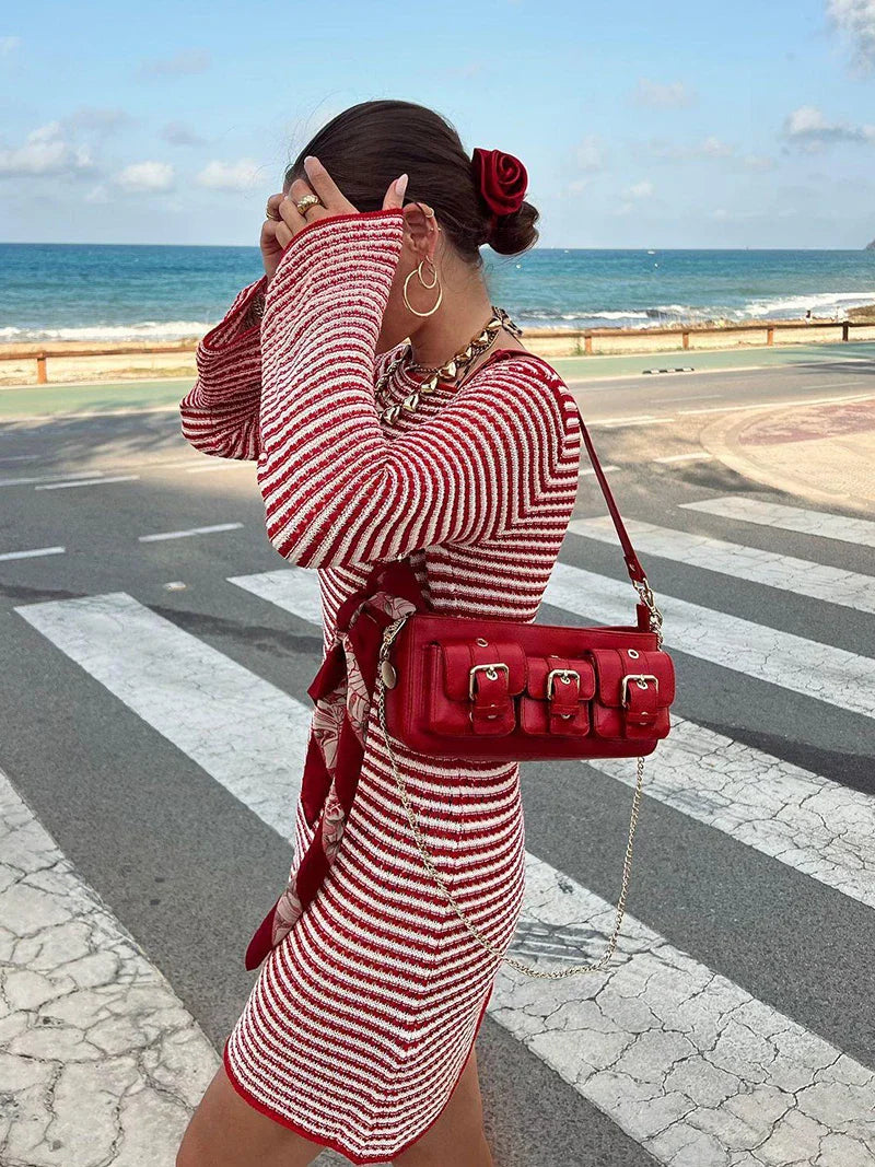 eybag Striped Knit Mini Dress For Women Autumn Winter New O Neck Long Sleeve Contrast Color High Waist Beach Sexy Dress New