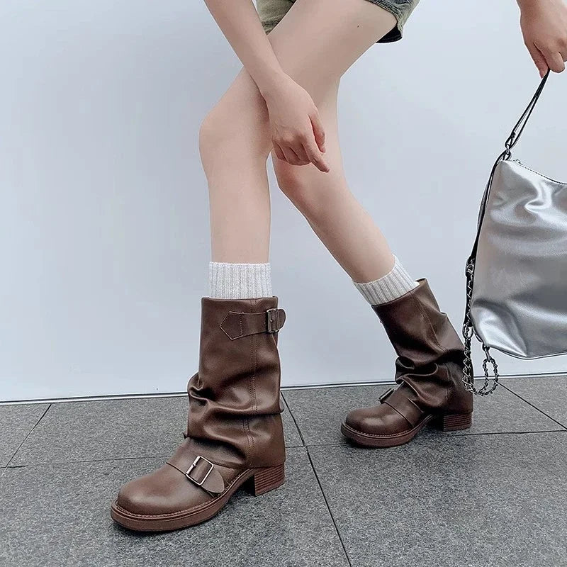 eybag Autumn Winter Thick High Heels Women Mid Calf Boots Hot Sale Gothic Calves Motorcycles Boots Buckle Comfy Walking Boots