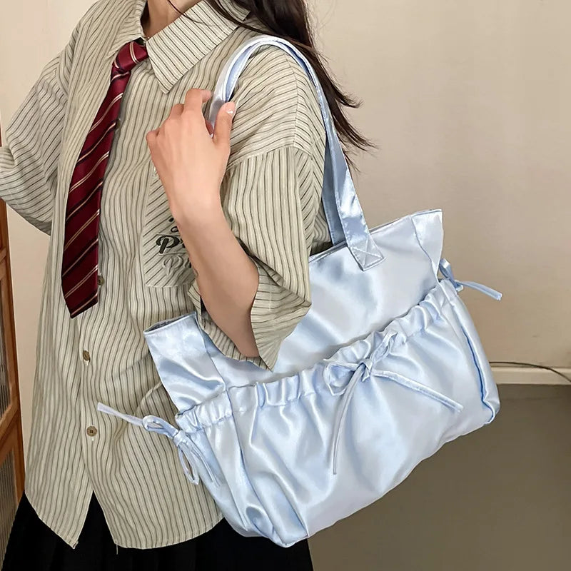 eybag Lolita Kawaii JK Bag Girls Pearl Light Wrinkle Bowknot Shoulder Bag Women 2024 Japanese High School Girls Purses and Handbags