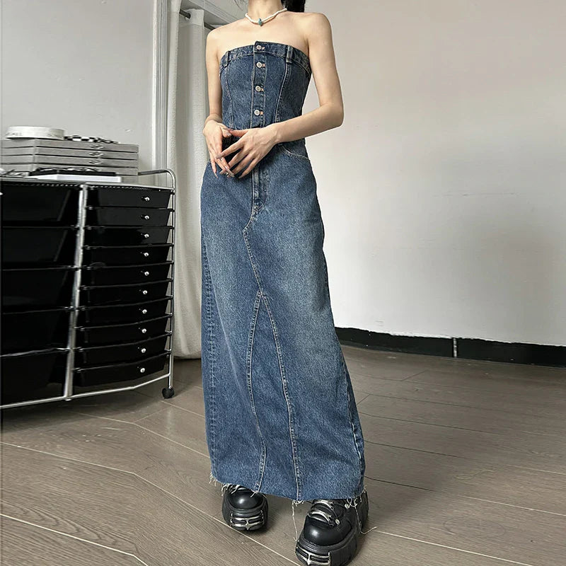 eybag Denim Strapless Buttons Stretchy Slim Slit Long Dress Casual Fashion Streetwear Summer Vacation Daily Party Women Clothes