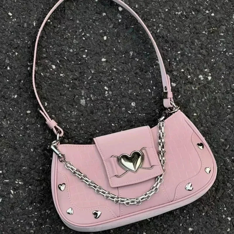 eybag Heart applique chain contrast zip-up handbag