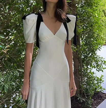 eybag Fashion Shoulder Bow White Dress for Women Sexy V Neck Puff Sleeve Maxi Dresses 2024 Summer Elegant Office Lady Party Vestidos