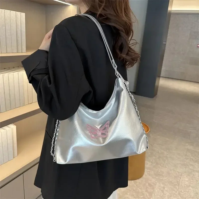 eybag Korean Trend Fashion Silver Chain Tote Bag Women's Backpack Student Large Capacity Shoulder Bag Multifunctional Backpack Ins Y2k