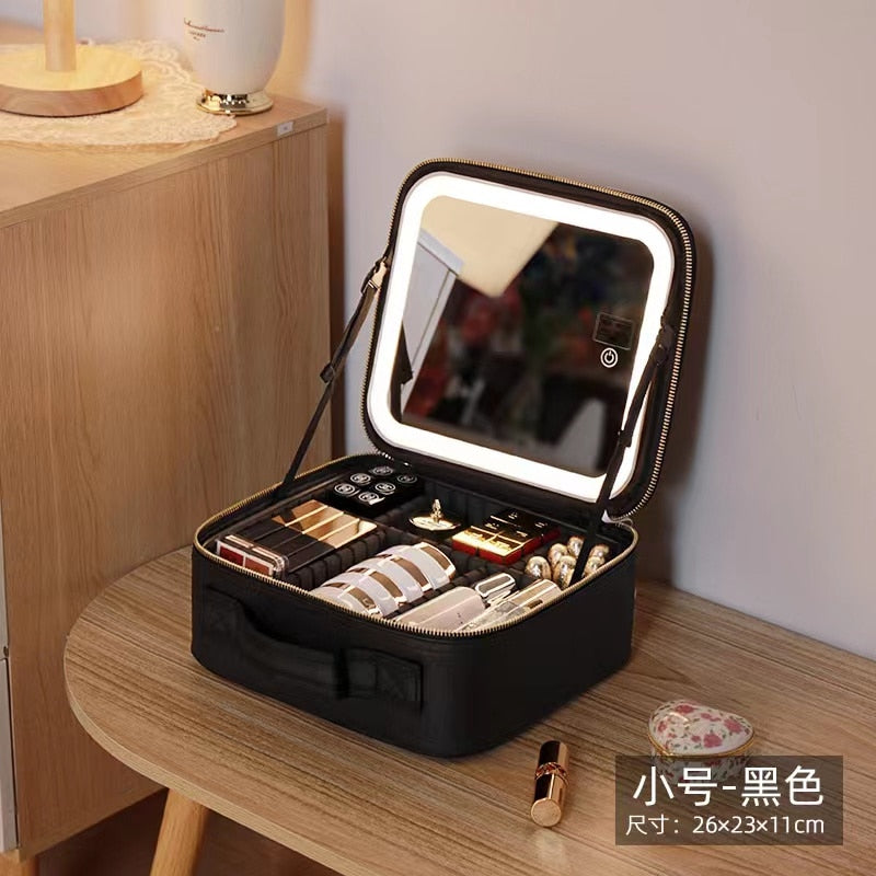 Lkblock Cosmetic Case Make up Bag Women's Handbags Smart LED Light Mirror Makeup Organizers Storage Box Bags Travel Beauty Toiletry Kit