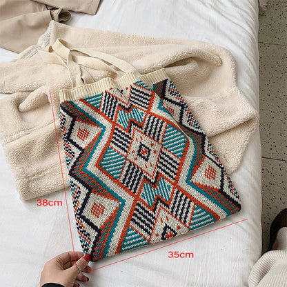 eybag Ethnic Wind Stretch Knitting Bag Geometric Weaving Retro Handbag Casual Shopping Bag Large Capacity Women Backpack Cosmetic Bag