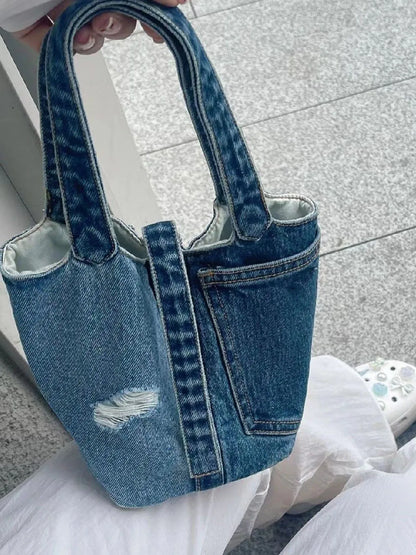 eybag Casual Denim Bucket Bag Women New Harajuku Handle Pocket Chic Shoulder Bag Handbag Female Vintage Y2k Hand Bag Ladies