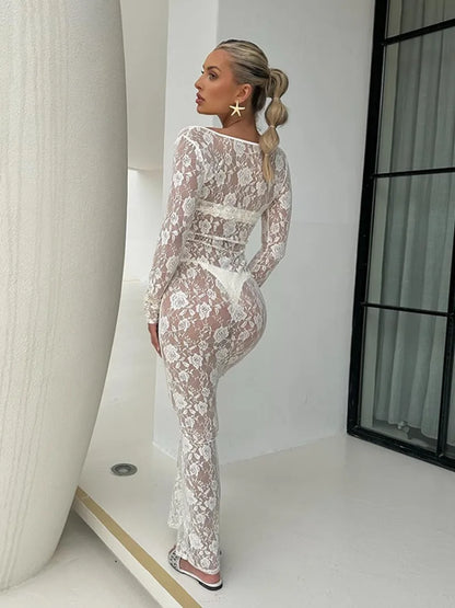 eybag Women Elegant Hollow Out High Waist White Lace Dress 2024 Sexy See-through Bodycon Long Evening Party Dresses Vacation Vestidos