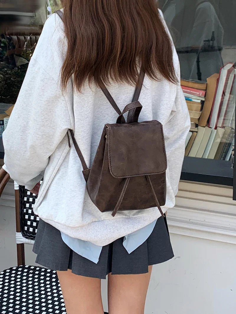 eybag Vintage Brown Mini Backpack Women Retro Hot Girls Leather Chic Casual Backpacks Female Harajuku Y2k Mochilas Aesthetic