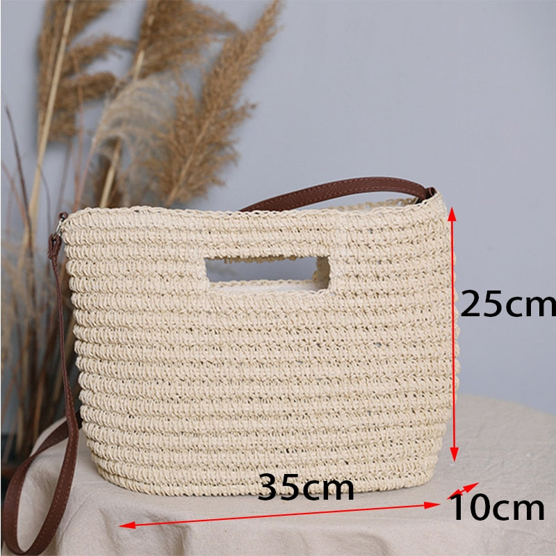 eybag Summer Woven Straw Handbag Women Contrast Color Cotton Rope Beach Bag Travel Large Capacity Tote Shopping Handle Bags