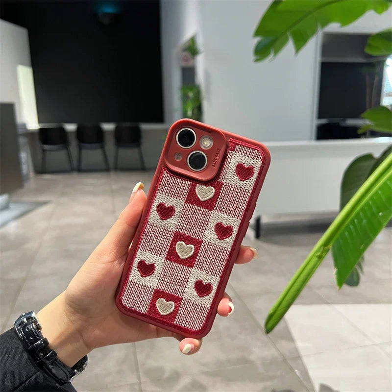 eybag Embroidery Love Heart Plush Phone Case for IPhone 15 14 13 12 11 Pro Max Xs Max XR 7 8 Plus Lens Protection Plaid Tpu Back Cover