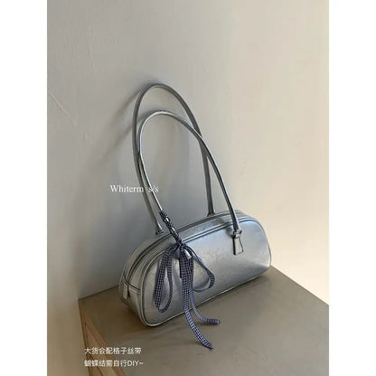 eybag Silver Leather Womens Shoulder Bag Casual Korean Style Fashion Elegant Handbag Aesthetic Female Exquisite New Armpit Bag