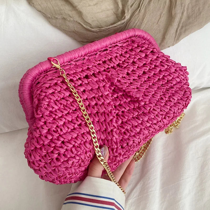 eybag Summer Fashion Women All-match Clutch Sense Of Straw Weave Wallet Bags Ladies Chain Shoulder Bags Hot Pink Crossbody Bags