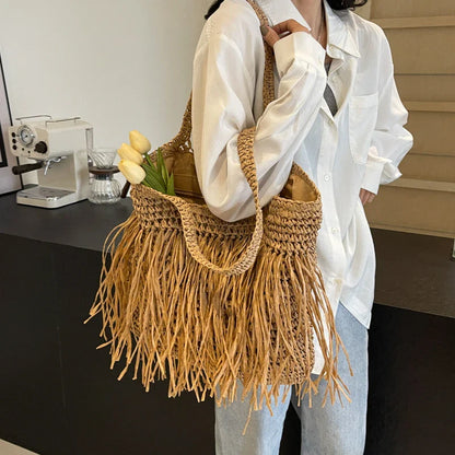 Lkblock Fashion Women's Straw Bags 2024 Quality Handmade Rattan Beach Bag Summer Travel Handbags And Purses Straw Female Shoulder Bags