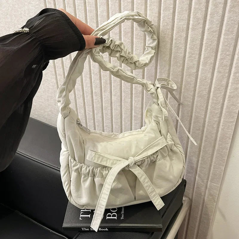 eybag Popular Preppy Style Nylon Bow Hobo Bag Women Cute Pretty Pleated Shoulder Crossbody Bag Drawstring Exquisite Shoulder Bag