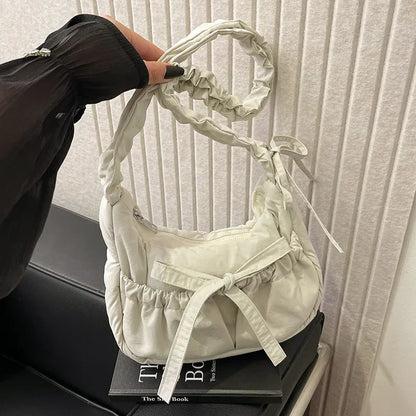 eybag Popular Preppy Style Nylon Bow Hobo Bag Women Cute Pretty Pleated Shoulder Crossbody Bag Drawstring Exquisite Shoulder Bag