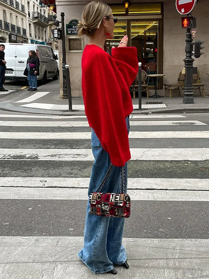 eybag Casual V-neck Woolen Thin Coats Women Vintage Long Sleeve Warm Red Coats Kimono Style 2024 Elegant High Street Knitwear