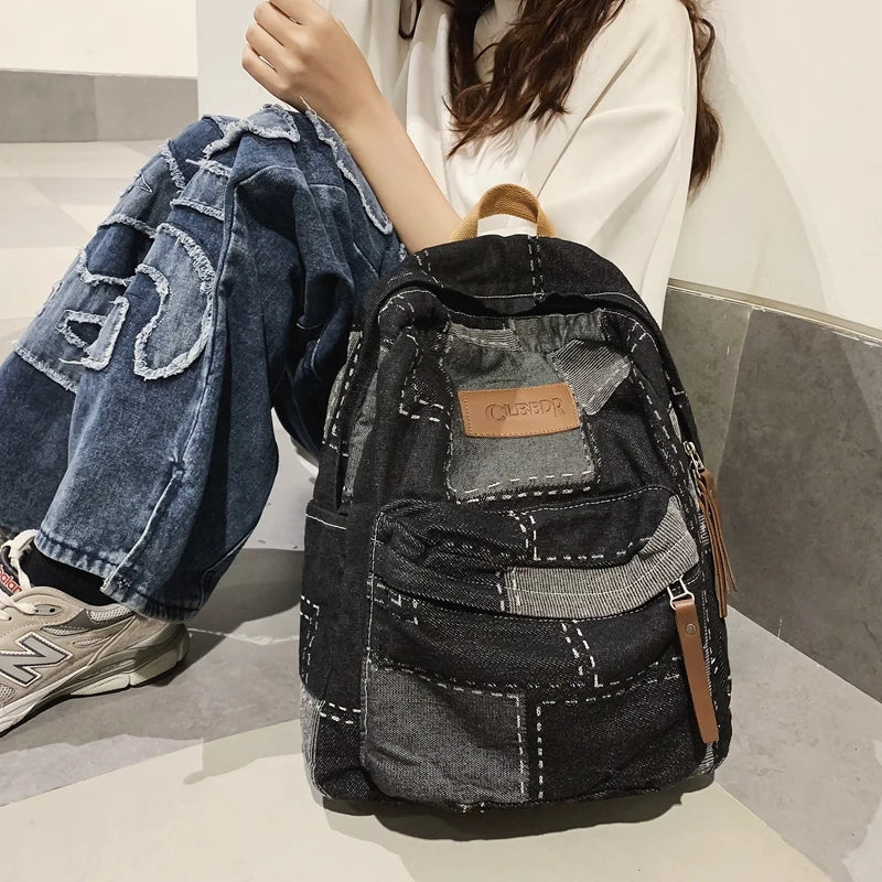 eybag New Washed Denim Patch Women Backpack Trendy Cool College Backpack Large Capacity Men Female Laptop School Bags Travel Book Bag