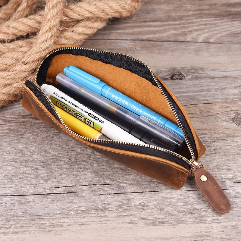 eybag Vintage Genuine Leather Pencil Case Retro Handmade Pencil Bag Portable Zipper Cosmetics Storage Pouch School Office Supplies