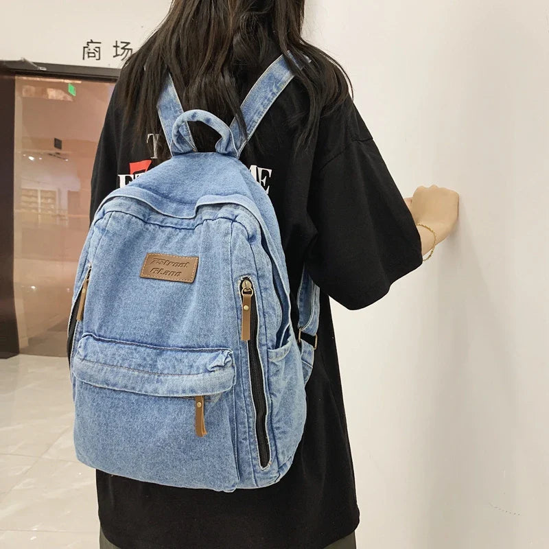 eybag Multi Pocket Fashion Denim Women Backpack Male Female Laptop College Backpack Trendy Cool Girl Kawaii Travel Student School Bag