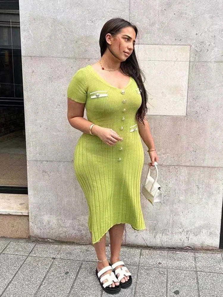 eybag Elegant Knitted Long Dress Women Summer V Neck Single Breatsed Short Sleelve Bodycon Dresses Fashion Party Office Lady Vestidos