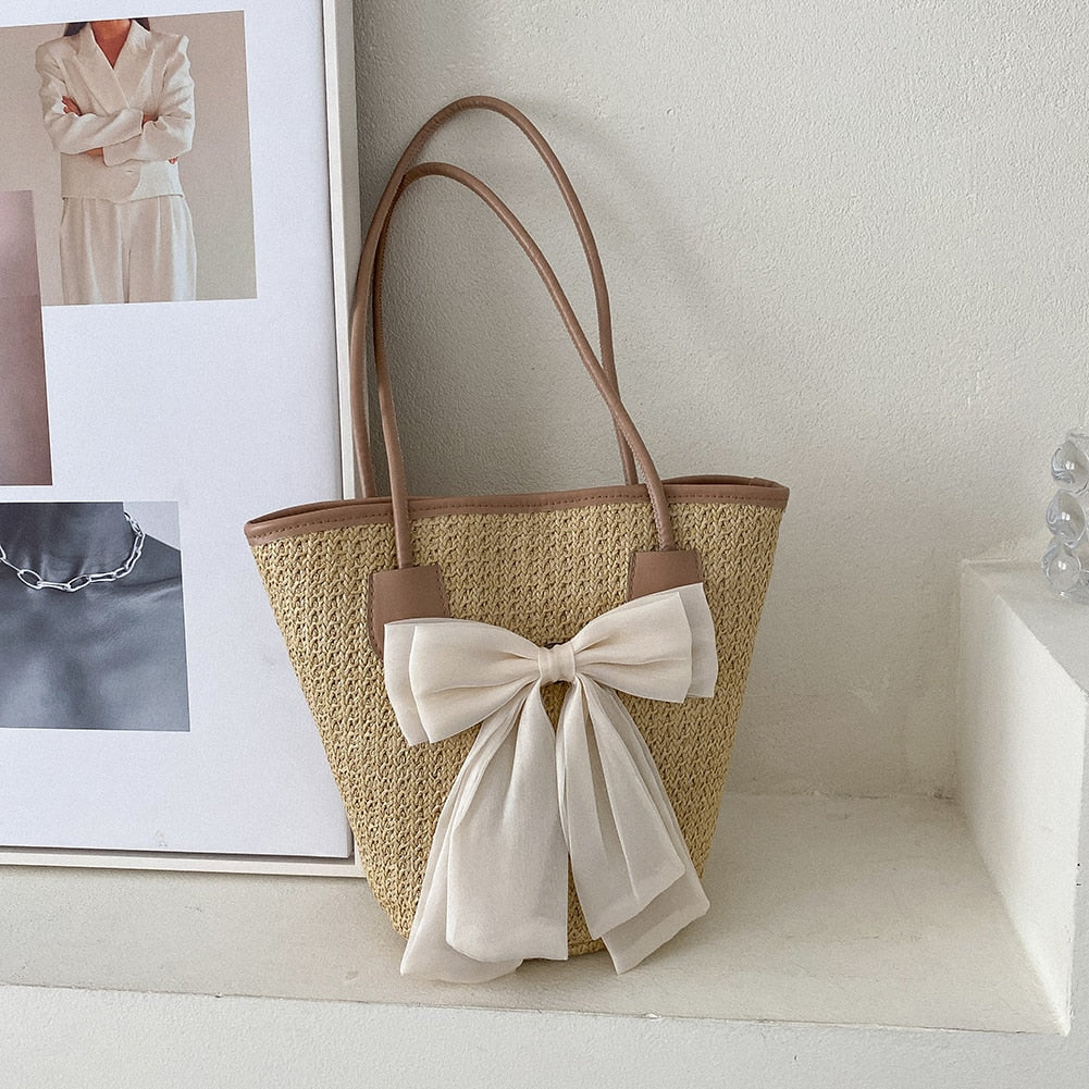 eybag Casual Straw Woven Handbags Women Summer Holiday Beach Bow Totes Top-Handle Bags Fashion Ladies Undearm Shoulder Bags