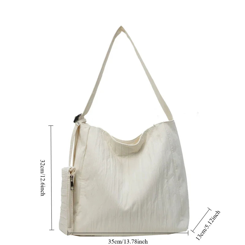 eybag Low-Key Pure White Women Ruched Shoulder Bag Exquisited Nylon Pretty Versatile Crossbody Leisure Commuter Composite Bag