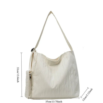 eybag Low-Key Pure White Women Ruched Shoulder Bag Exquisited Nylon Pretty Versatile Crossbody Leisure Commuter Composite Bag