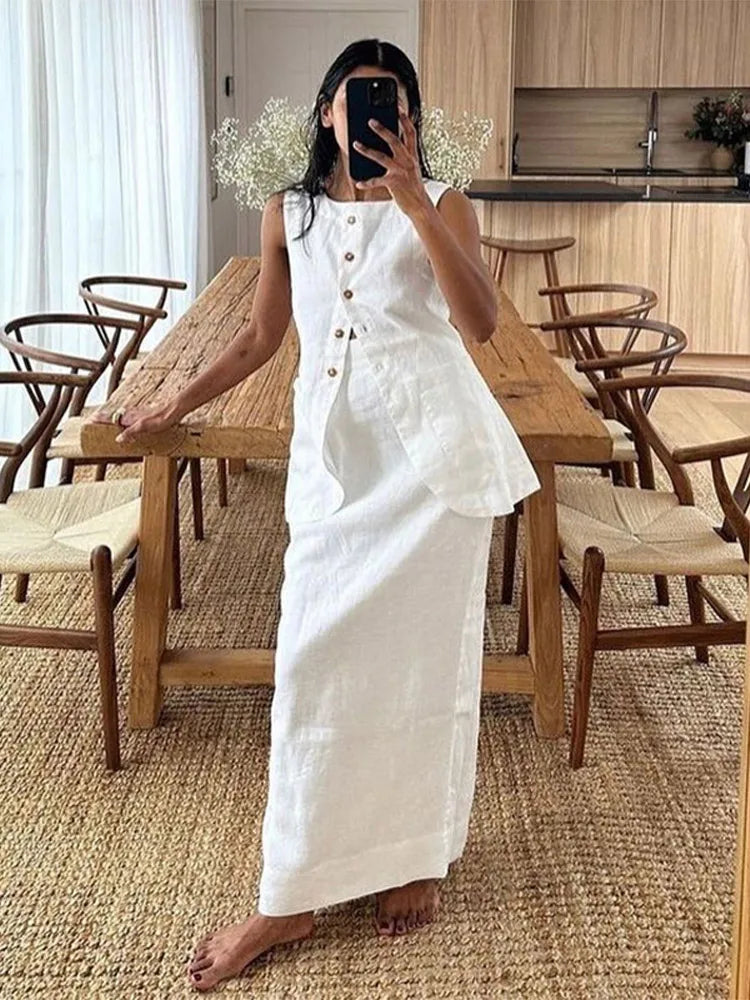 eybag Elegant Women Solid Slim Vest Dress Suit Chic Round Neck Sleeveless Single Breasted Tops High Waisted Long Skirt Set Lady Outfit