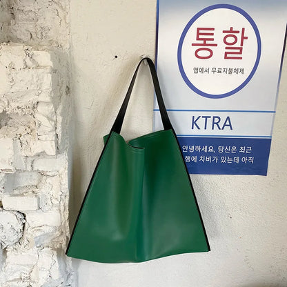 Lkblock Fashion Women Shoulder Bag PU Leather Color Contrast Tote Handbag Simple Casual Bucket Shopping Totes Large Green Female Bags