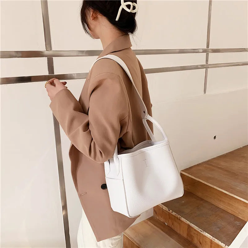 Lkblock Korean style women bucket bags Casual pu leather Female Shoulder Bag for female Solid color totes bolsa Ladies big handbag