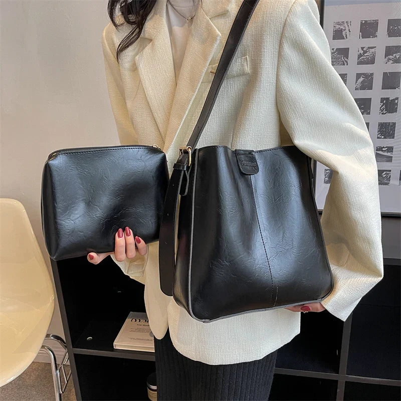 eybag Retro Shoulder Tote Bag Set For Women Wide Strap Soft PU Leather Crossbody Bags With Small Purse Large Capacity Shoppers