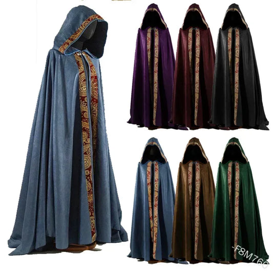 -Halloween Custom Medieval Halloween Cosplay Cloak Hooded Coat Vintage Gothic Cape Coat Long Trench Halloween Cosplay Costume Wizard Cloak