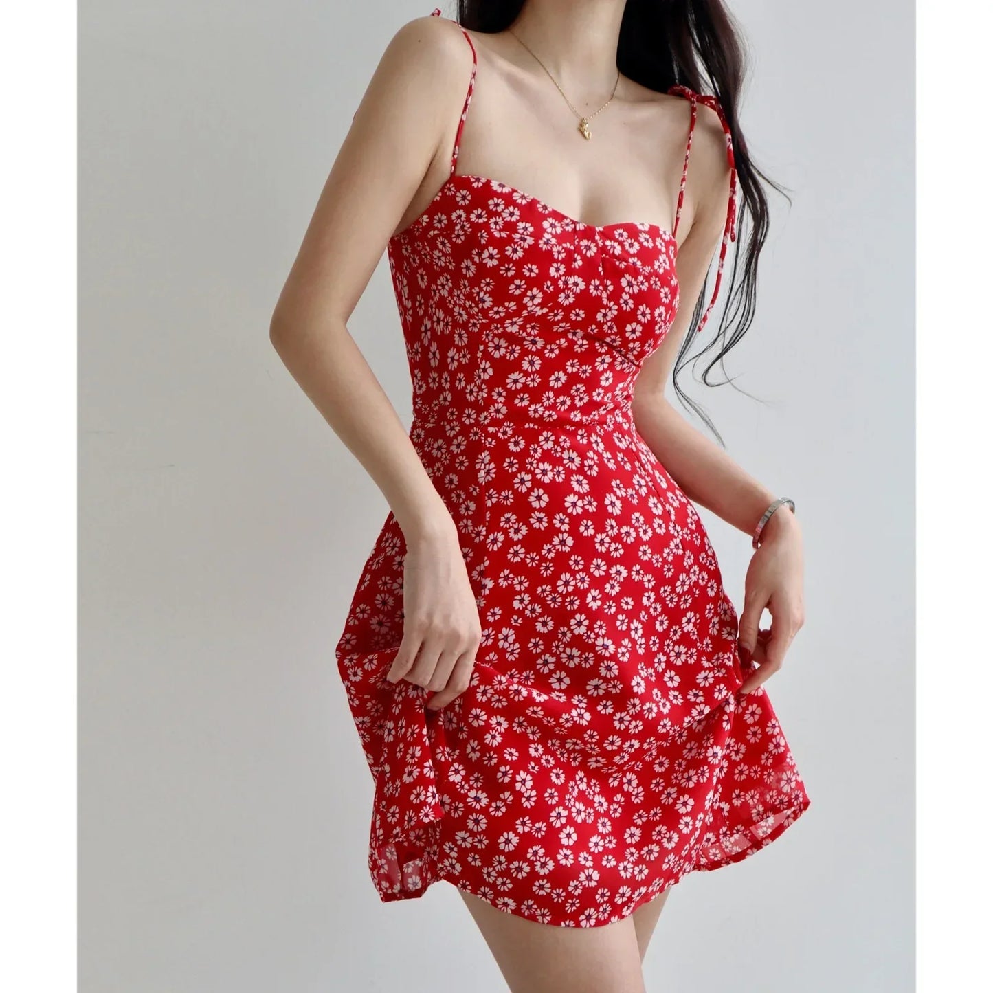 eybag French Vintage Women's Red Bottom Daisy Pattern Slimming Tank Dress Waist-fitted Vacation Style Sleeveless Dress